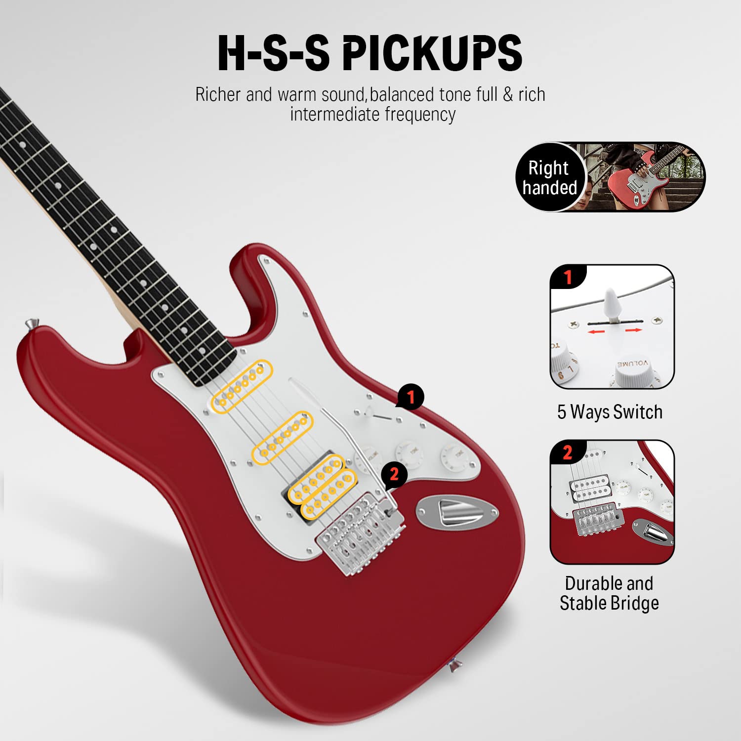 Donner DST-100R 39 Inch Electric Guitar Beginner Kit Red Full Size Solid Body HSS Pick Up Starter Package with All Accessories A